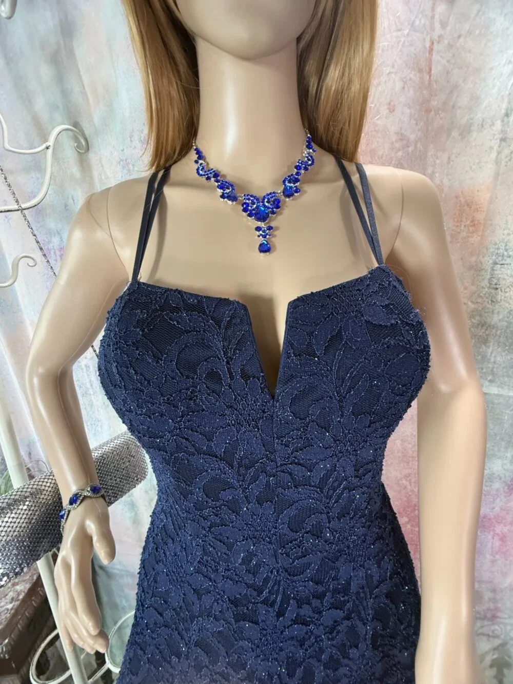 📌BCX Romantic Floral Lace Navy Blue w/Glitter Formal - Prom - Bridesmaid Dress - Picture 2 of 16